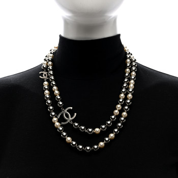 CHANEL Metal Pearl CC Long Necklace Silver Pearly White Grey