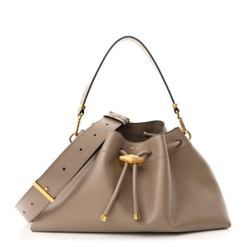 JIMMY CHOO Smooth Shiny Calfskin Cinch M Bucket Bag Taupe