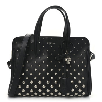 ALEXANDER MCQUEEN Calfskin Small Studded Padlock Zip Around Tote Black White