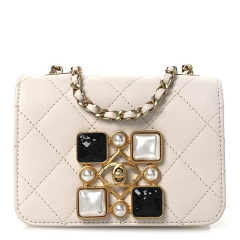 CHANEL Calfskin Quilted Crystal Pearl Mini Flap Bag White
