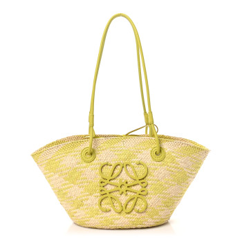 LOEWE Calfskin Raffia Paulas Ibiza Small Anagram Basket Tote Bag Natural Lime Green