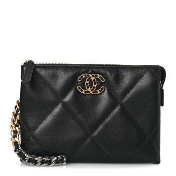 CHANEL Shiny Goatskin Quilted Small Chanel 19 Pouch With Handle Black