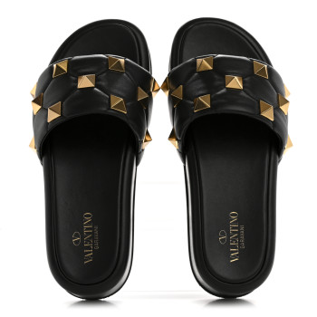 VALENTINO GARAVANI Nappa Roman Stud 30/50mm Platform Slide Sandals 37.5 Black