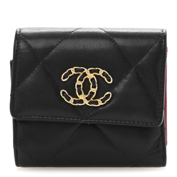 CHANEL Goatskin Quilted Chanel 19 Small Flap Wallet Black
