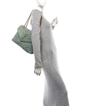 SAINT LAURENT Suede Y Quilted Monogram Medium Loulou Chain Satchel Vert Opaline