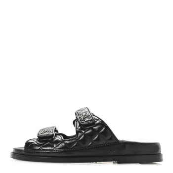 CHANEL Lambskin Quilted Velcro Dad Chain CC Slide Sandals 39 Black