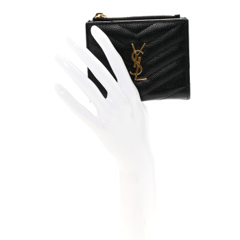 SAINT LAURENT Grain De Poudre Matelasse Chevron Monogram Zipped Card Case Black