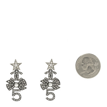 CHANEL Ruthenium Crystal Pearl CC Star Bow No 5 Drop Earrings
