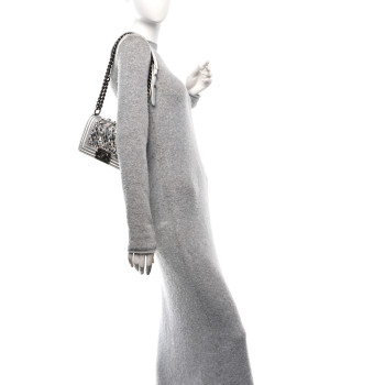 CHANEL Metallic Calfskin Crystal Embroidered Small Boy Flap Silver