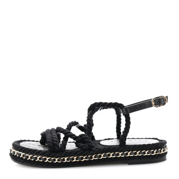CHANEL Lambskin Cord Chain CC Sandals 37 Black