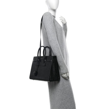 SAINT LAURENT Calfskin Crocodile Embossed Small Sac de Jour Black