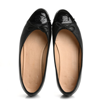 CHANEL Lambskin Patent Cap Toe Ballerina Flats 39 Black