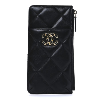 CHANEL Shiny Goatskin Quilted Chanel 19 Flat Wallet Pouch Black