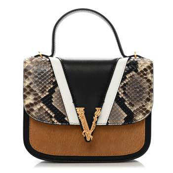 VERSACE Vitello Snakeskin Calf Hair Virtus V Small Top Handle Shoulder Bag Black Brown Multicolor