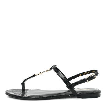 SAINT LAURENT Calfskin Crocodile Embossed Cassandra Monogram Sandals 35.5 Black