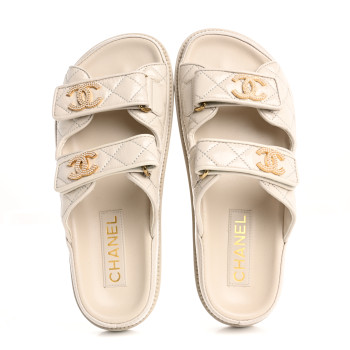 CHANEL Shiny Calfskin Crystal Quilted Velcro Dad CC Slide Sandals 36.5 Light Beige
