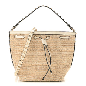VALENTINO GARAVANI Metallic Boucle Raffia Calfskin Rockstud Drawstring Bucket Bag Ivory Gold