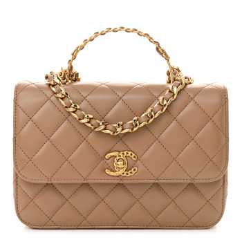CHANEL Shiny Calfskin Quilted Small Metal Chain Top Handle Flap Beige