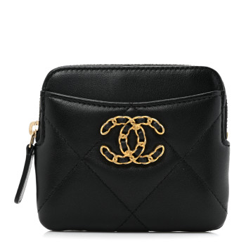 CHANEL Lambskin Quilted Chanel 19 Zip Card Holder Wallet Black