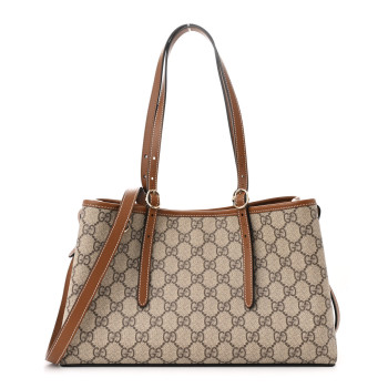 GUCCI GG Supreme Monogram Emblem Small Tote Bag Beige Dark Brown