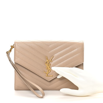 SAINT LAURENT Grain De Poudre Matelasse Chevron Monogram Envelope Clutch Dark Beige
