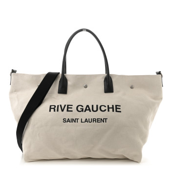 SAINT LAURENT Linen Calfskin Rive Gauche Maxi Tote  Grege et Noir