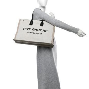 SAINT LAURENT Linen Calfskin Rive Gauche Tote Optic White