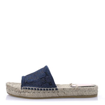 GUCCI Denim Crystals GG Monogram Espadrille 20mm Slide Sandals 36.5 Denim