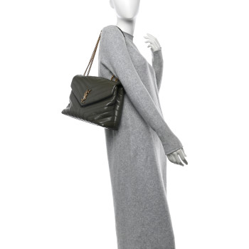 SAINT LAURENT Calfskin Y Quilted Monogram Medium Loulou Chain Satchel Grey Kaki
