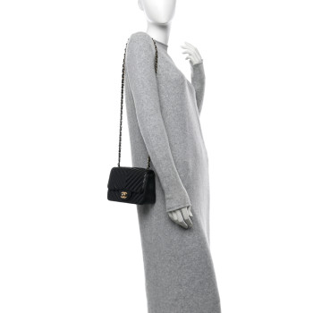CHANEL Lambskin Chevron Quilted Mini Square Flap Black