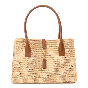SAINT LAURENT Raffia Calfskin Panier Rectangle Tote Naturel Brick