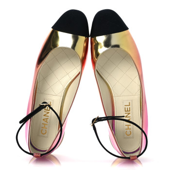 CHANEL Laminated Calfskin Grosgrain Cap Toe CC Flats 36.5 Pink Orange Yellow Black