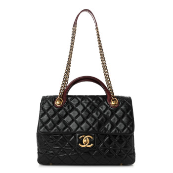 CHANEL Glazed Calfskin Castle Rock Large Flap Black Burgundy
