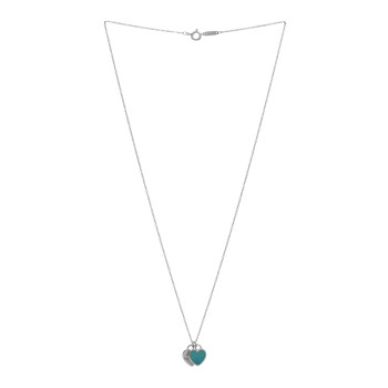 TIFFANY Sterling Silver Enamel Return to Tiffany Double Mini Heart Tag Pendant Necklace Blue