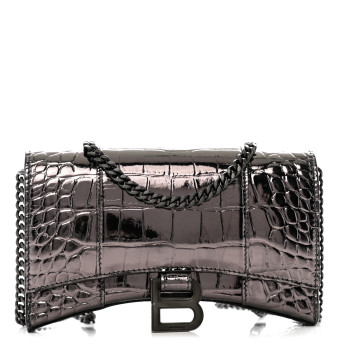 BALENCIAGA Shiny Metallic Calfskin Crocodile Embossed Hourglass Chain Bag Gunmetal