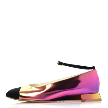 CHANEL Laminated Calfskin Grosgrain Cap Toe CC Flats 36.5 Pink Orange Yellow Black
