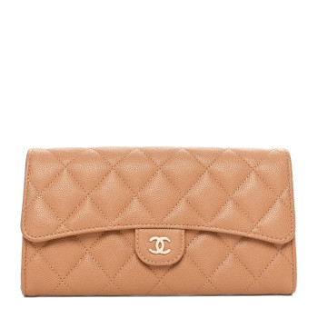CHANEL Caviar Quilted Large Gusset Flap Wallet Beige