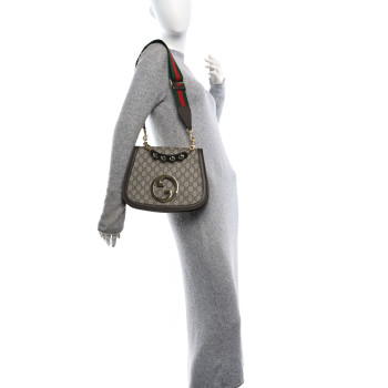 GUCCI GG Supreme Monogram Textured Dollar Calfskin Web Medium Blondie Top Handle Shoulder Flap Bag Beige Ebony New Acero