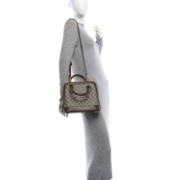 GUCCI GG Supreme Monogram Azalea Calfskin Small Horsebit 1955 Top Handle Bag Beige Ebony Brown Sugar