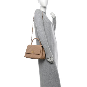 CHANEL Caviar Chevron Quilted Small Coco Handle Flap Beige
