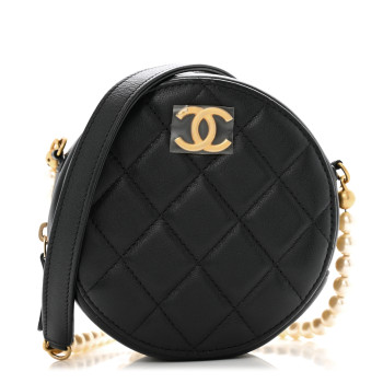CHANEL Lambskin Quilted Pearl Chain Round Clutch With Chain Black