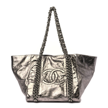 CHANEL Metallic Cracked Calfskin Modern Chain Tote Dark Silver
