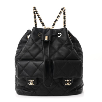 CHANEL Lambskin Quilted Double Pocket Drawstring Backpack Black