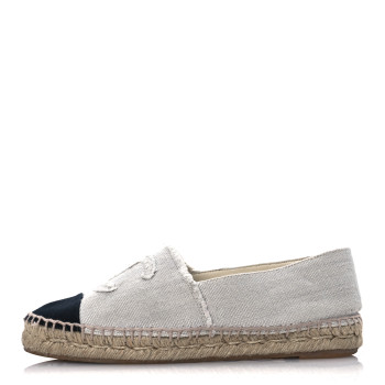 CHANEL Linen CC Espadrilles 37 Beige Black