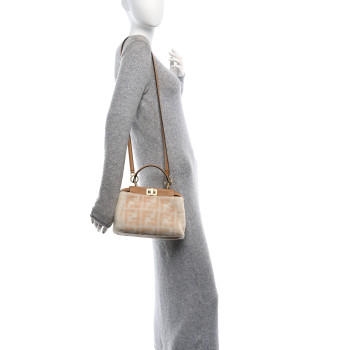 FENDI Shearling Nappa Macro FF 1974 Mini Peekaboo Iconic Satchel White Ice Cuoio Miele Scuro