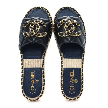 CHANEL Lambskin Quilted CC Chain Espadrille Mules 39 Black Navy