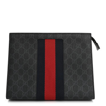 GUCCI GG Supreme Monogram Selleria Calfskin Web New Web Cosmetic Case Black