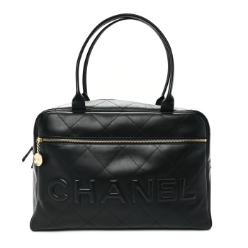 CHANEL Calfskin Stitched Maxi Logo Bowling Bag Black