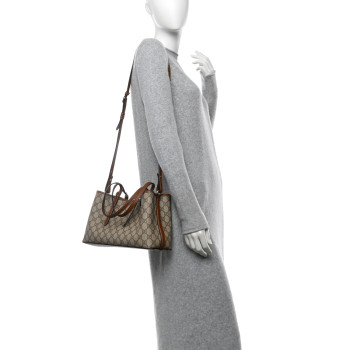 GUCCI GG Supreme Monogram Emblem Small Tote Bag Beige Dark Brown