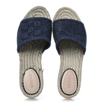 GUCCI Denim Crystals GG Monogram Espadrille 20mm Slide Sandals 36.5 Denim